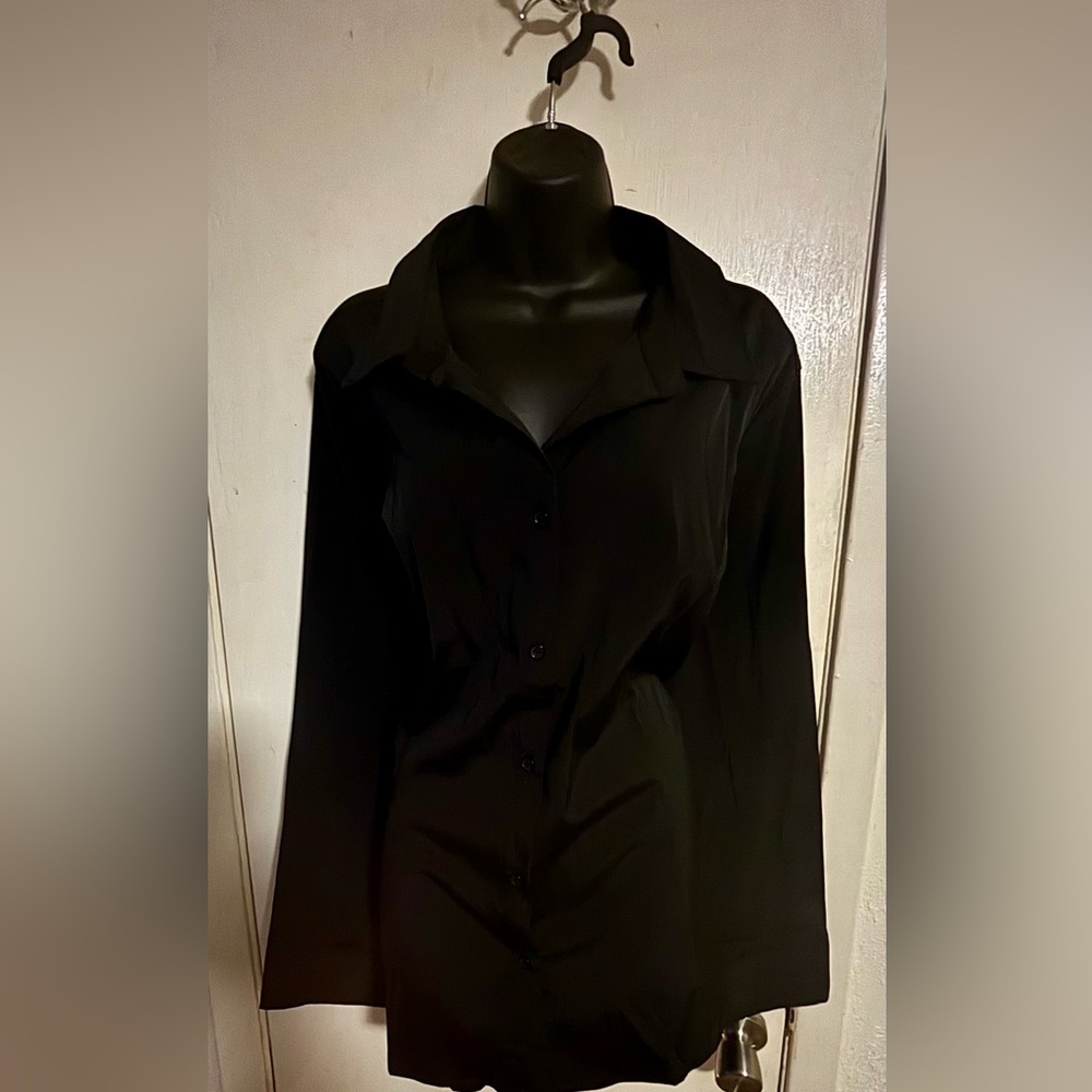🆕 Ashley Stewart Black Satin-Look Long Sleeve Button-Down Shirt | Size 22 | NWT